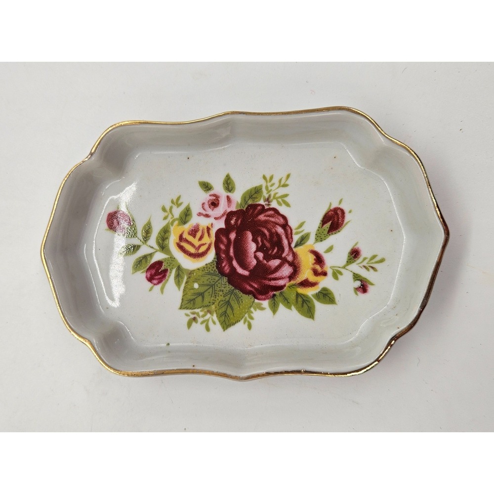 Vintage Porcelain Rose Collectible Trinket Dish Scalloped Gold Rim Floral Tray